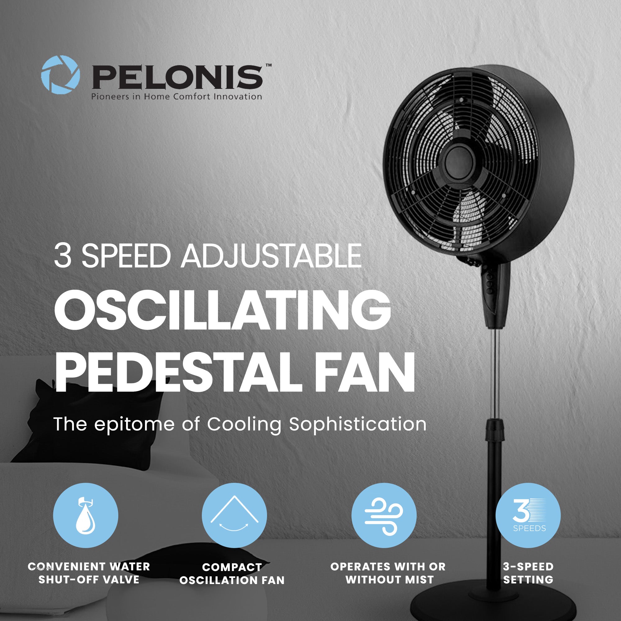 Pelonis 18 Inch 3 Speed Adjustable Oscillating Misting Pedestal Fan with Remote - VMInnovations