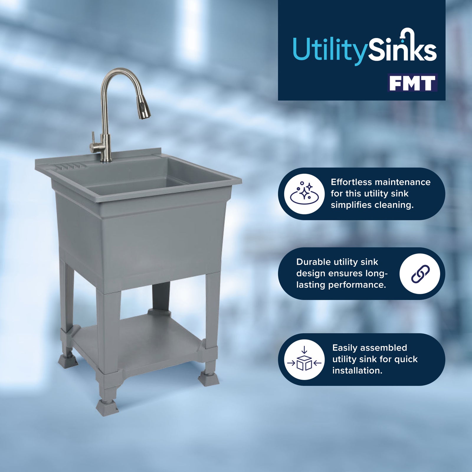 UTILITYSINKS 24" Freestanding Compact Workshop Utility Tub Sink, Grey (Open Box) - VMInnovations