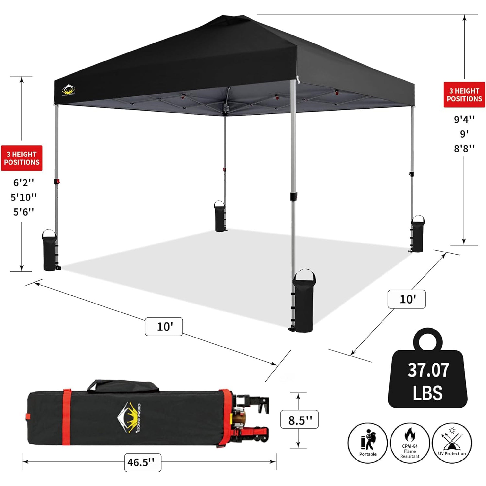 CROWN SHADES 10x10 Ft Pop Up Outdoor Canopy Tent with 1 Push Center Lock, Black