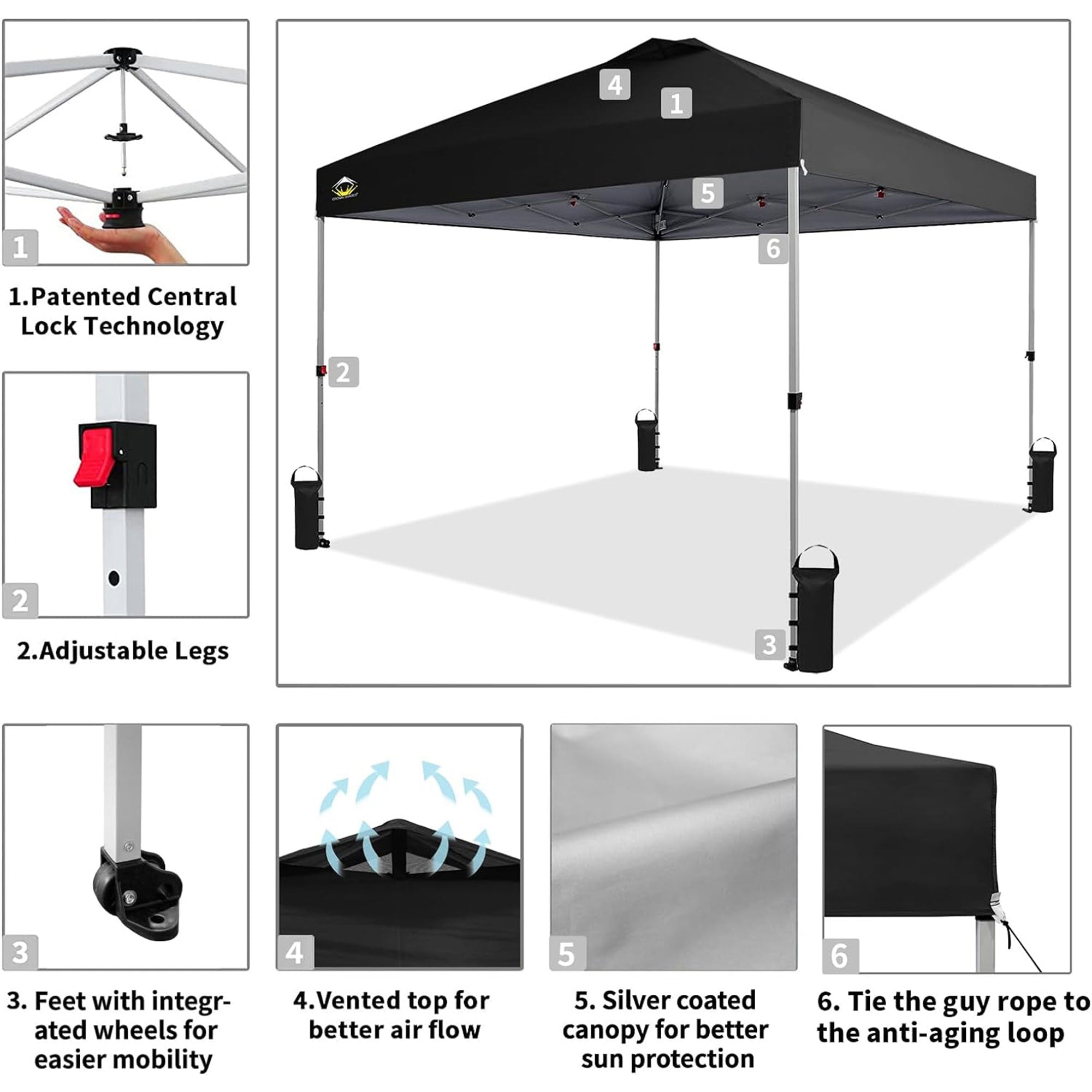 CROWN SHADES 10x10 Ft Pop Up Outdoor Canopy Tent with 1 Push Center Lock, Black
