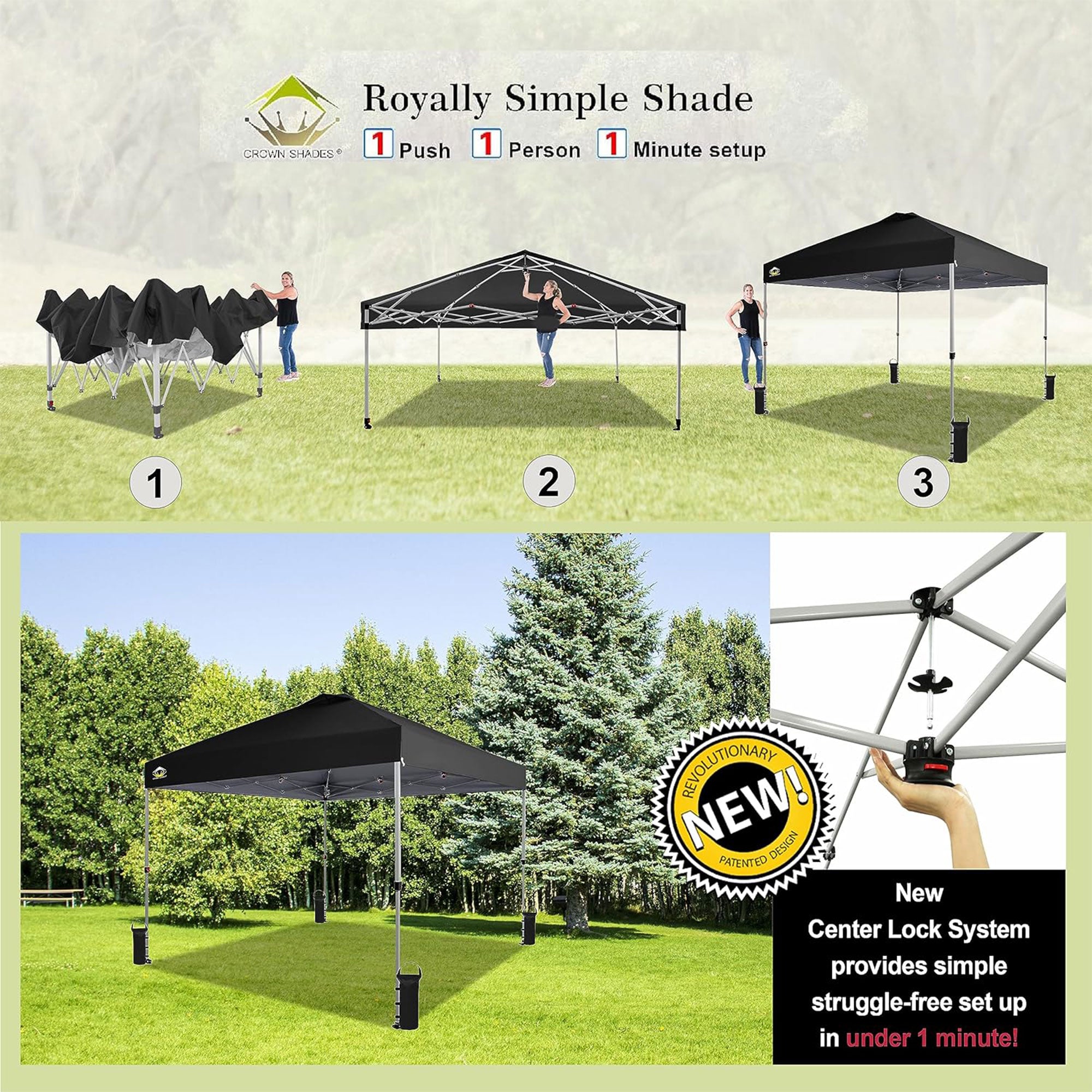 CROWN SHADES 10x10 Ft Pop Up Outdoor Canopy Tent with 1 Push Center Lock, Black