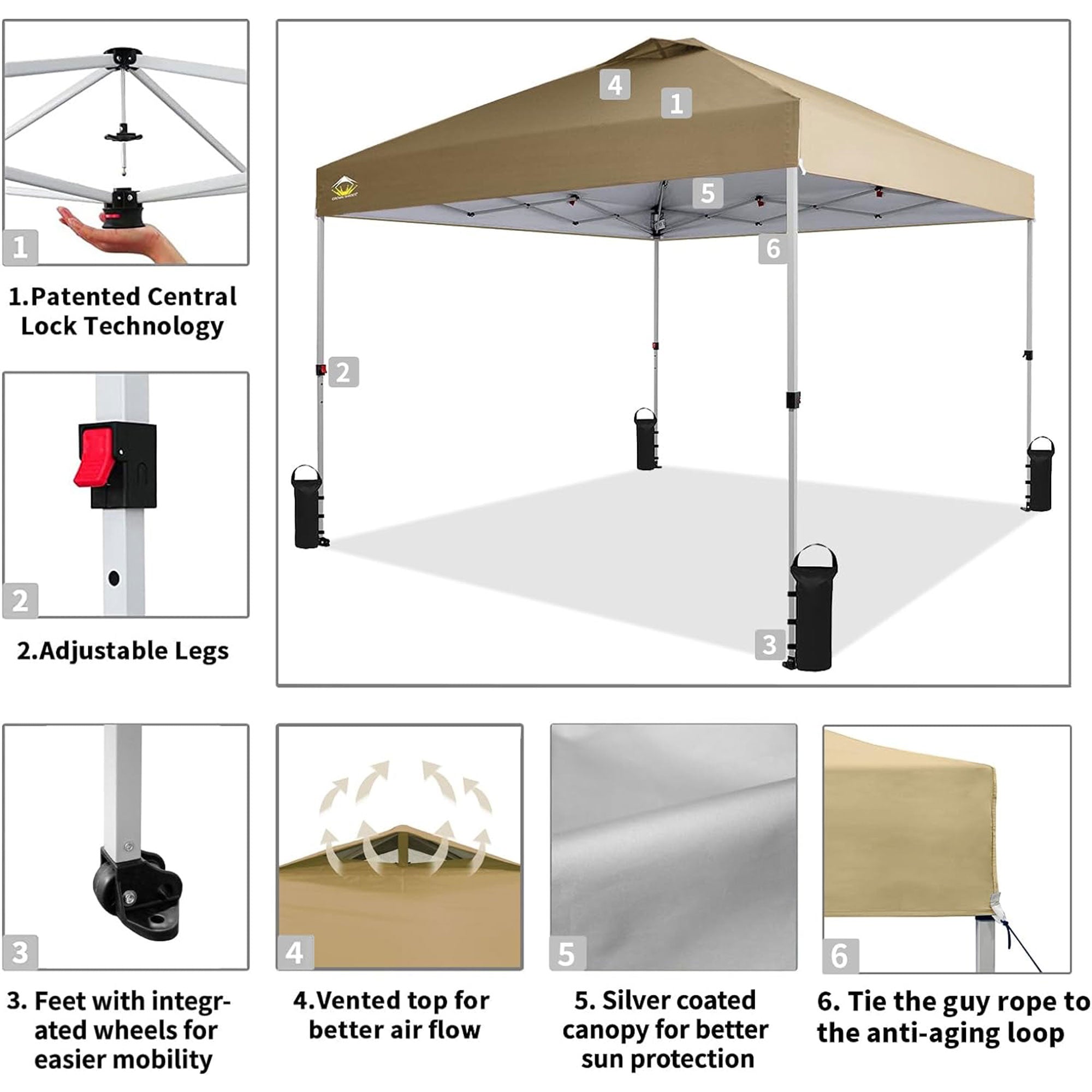 CROWN SHADES 10x10 Ft Pop Up Outdoor Canopy Tent with 1 Push Center Lock, Beige - VMInnovations