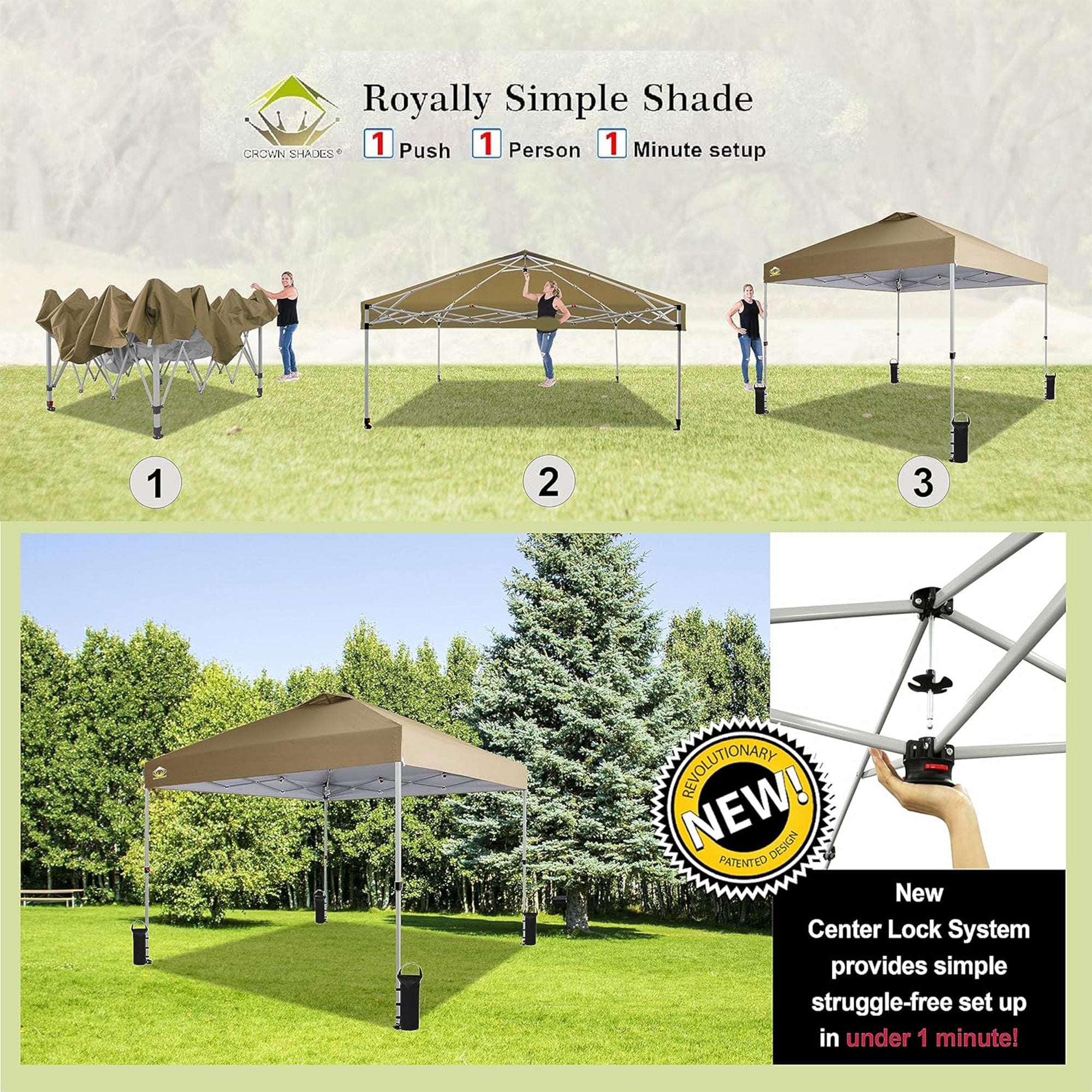 CROWN SHADES 10x10 Ft Pop Up Outdoor Canopy Tent with 1 Push Center Lock, Beige - VMInnovations