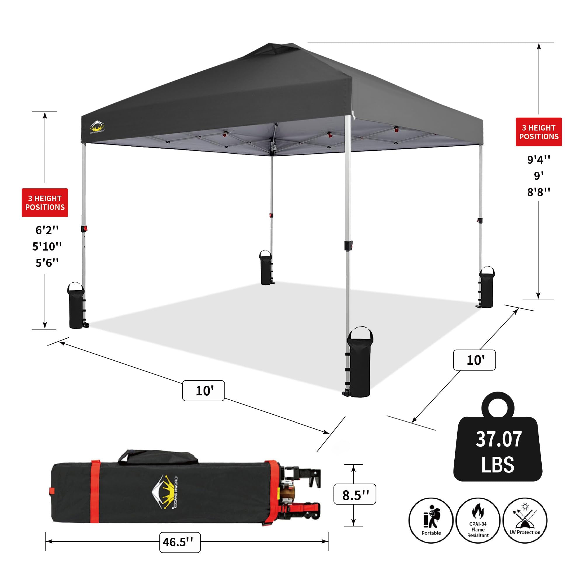 CROWN SHADES 10x10 Ft Pop Up Outdoor Canopy Tent with 1 Push Center Lock, Grey