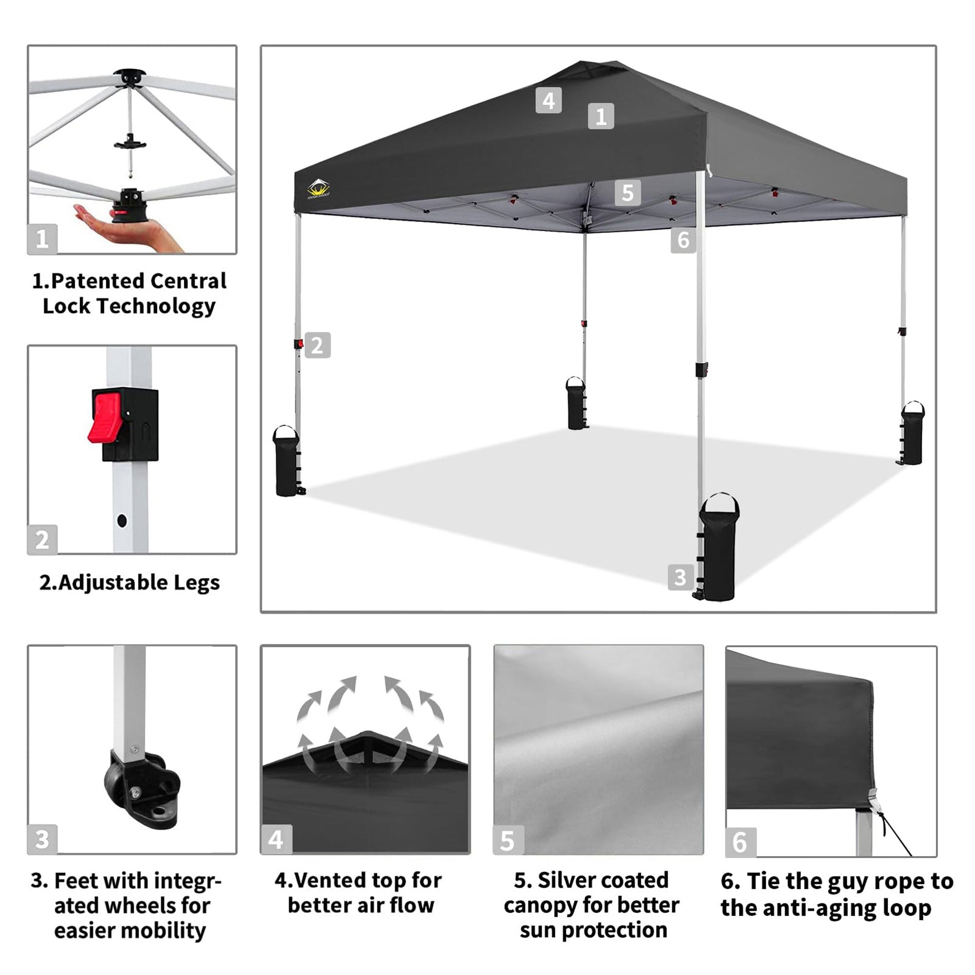 CROWN SHADES 10x10 Ft Pop Up Outdoor Canopy Tent with 1 Push Center Lock, Grey