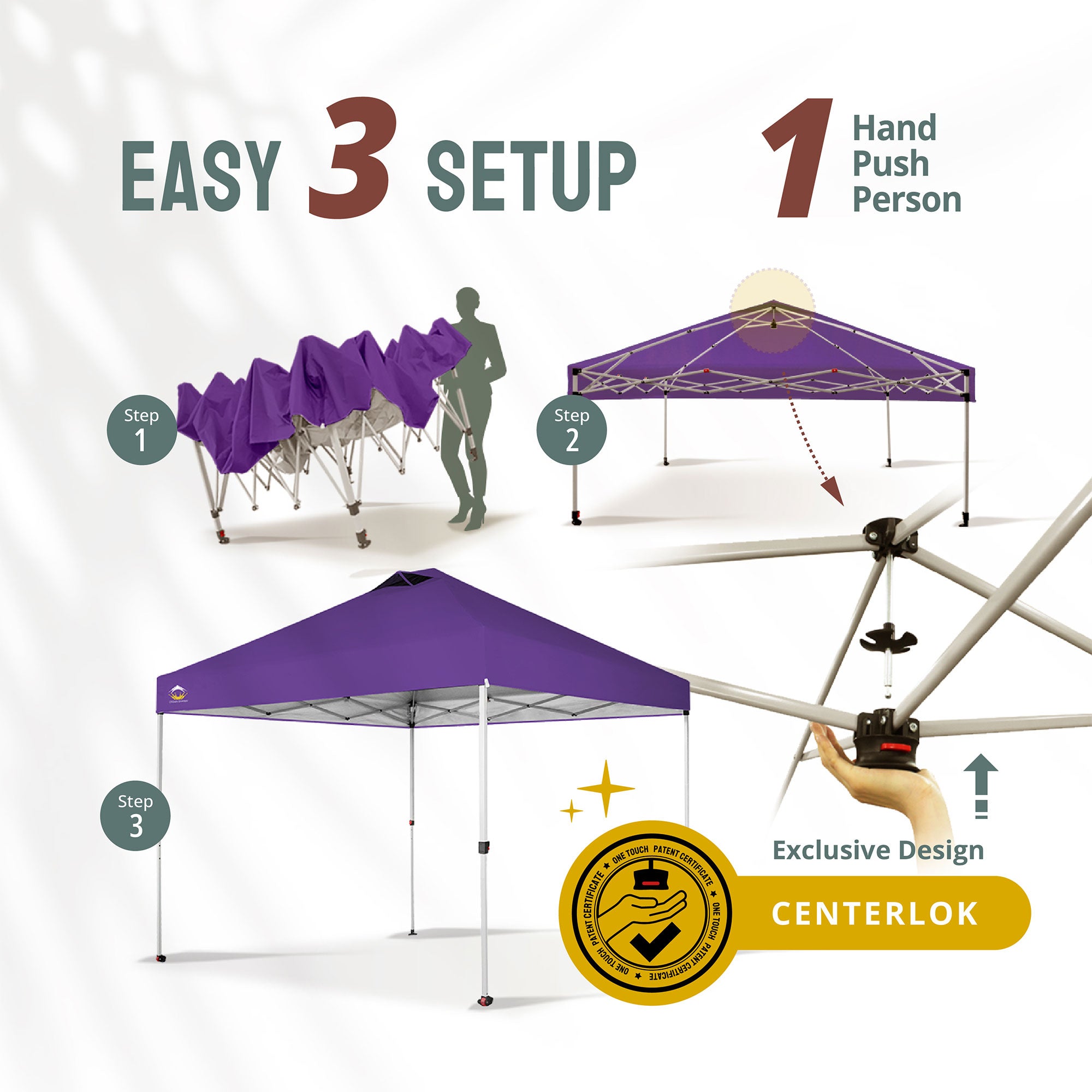 CROWN SHADES 10x10 Ft Pop Up Outdoor Canopy Tent with 1 Push Center Lock, Purple