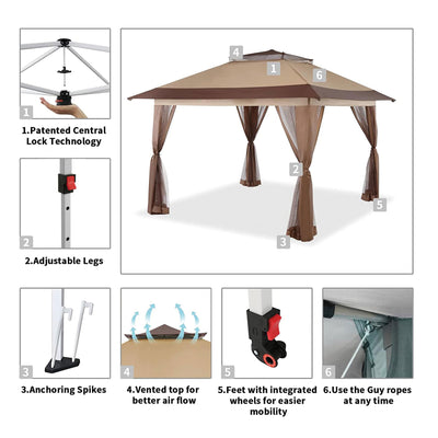 CROWN SHADES 13 x 13 Ft Pop Up Gazebo Shelter w/ 4 Net Sidewalls, Beige/Coffee