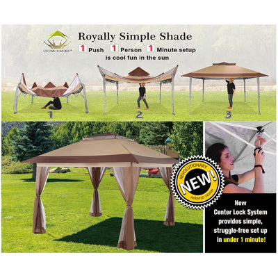 CROWN SHADES 13 x 13 Ft Pop Up Gazebo Shelter w/ 4 Net Sidewalls, Beige/Coffee