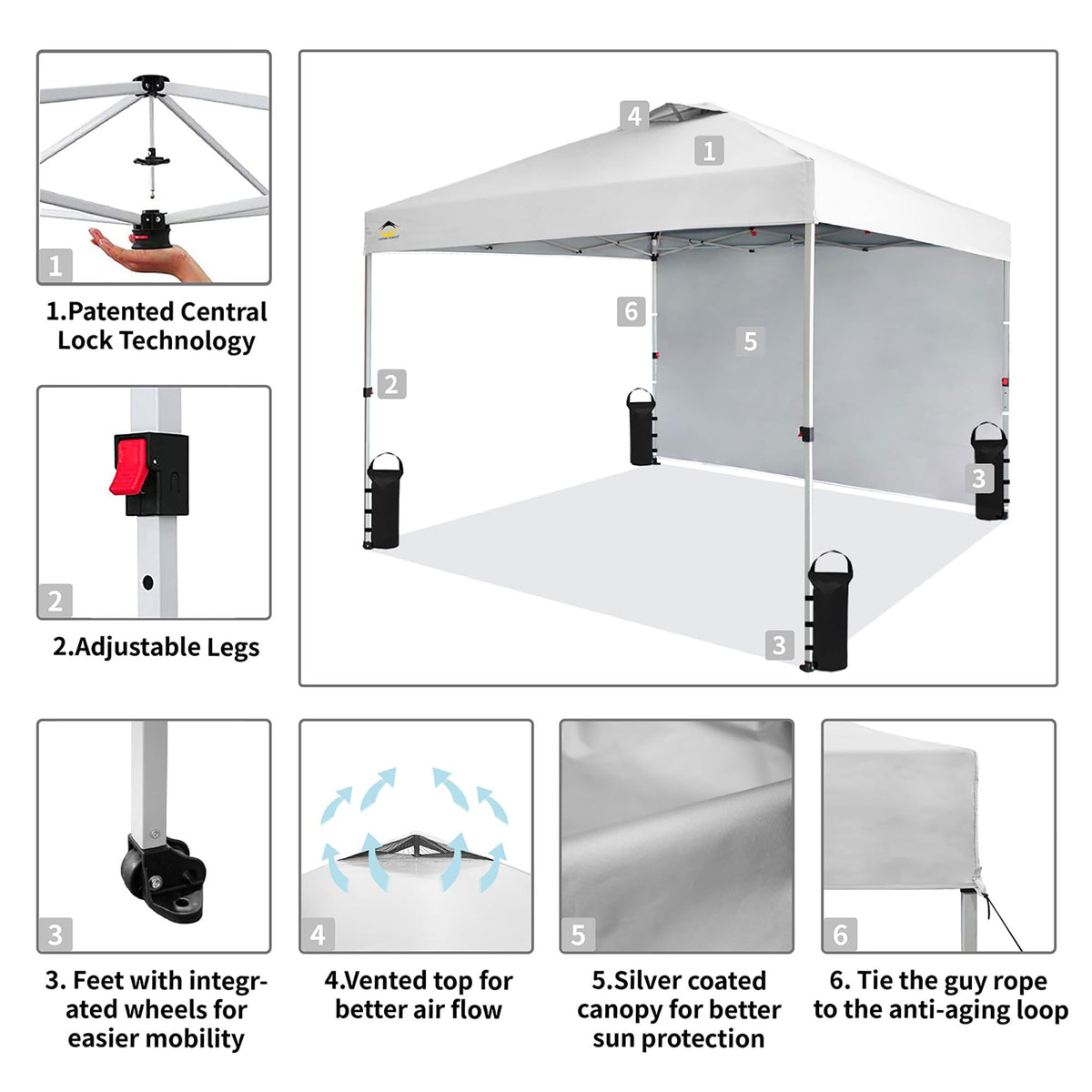 CROWN SHADES 10x10 Ft Pop Up Canopy Tent w/ Sidewall & Push Center Lock, White
