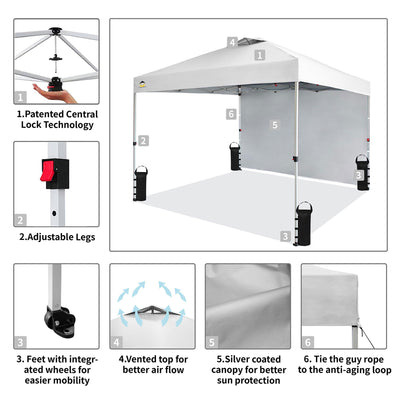 CROWN SHADES 10x10 Ft Pop Up Canopy Tent w/ Sidewall & Push Center Lock, White - VMInnovations