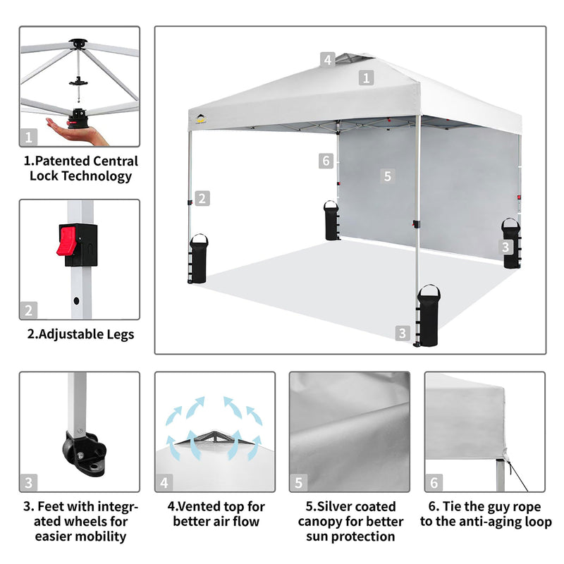 CROWN SHADES 10x10 Ft Pop Up Tent w/ Sidewall & Push Center Lock, White (Used)