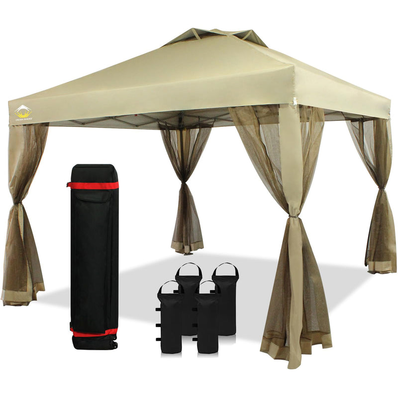 CROWN SHADES 10x10Ft Pop Up Gazebo Shelter w/Mosquito Net Sidewalls, Beige(Used)