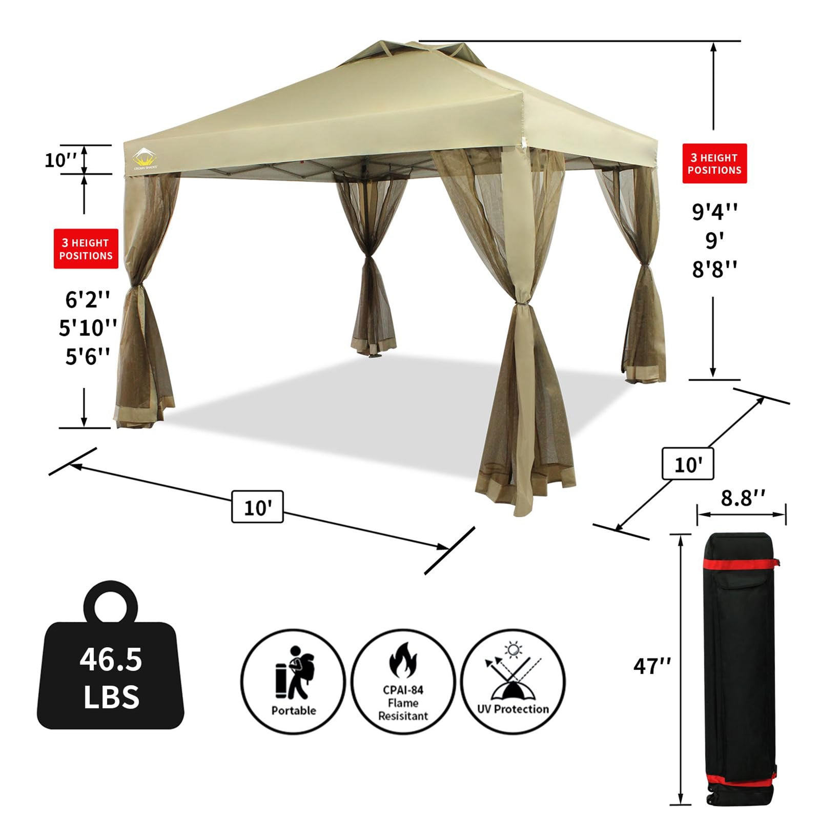 CROWN SHADES 10x10Ft Pop Up Gazebo Shelter w/Mosquito Net Sidewalls, Beige(Used) - VMInnovations
