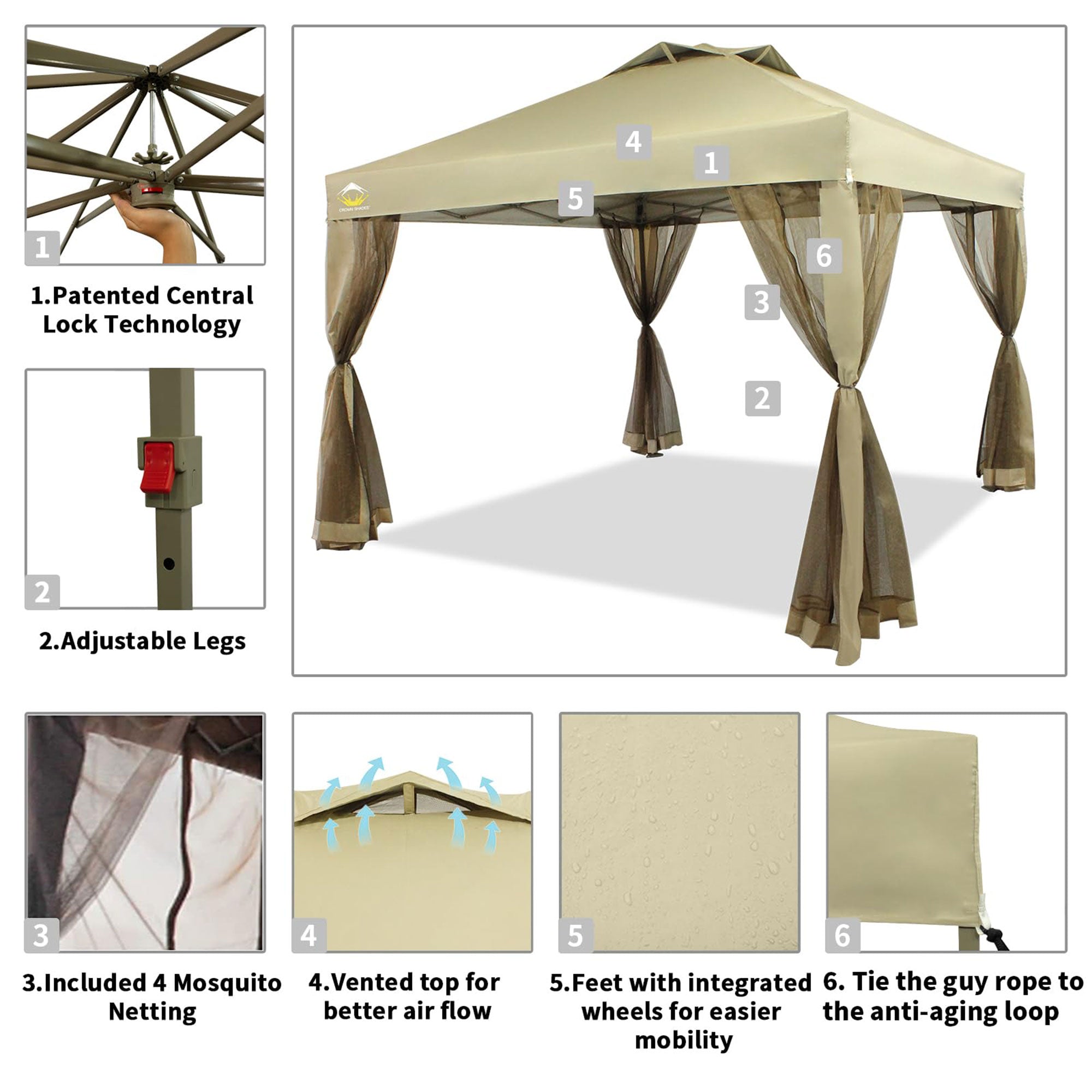 CROWN SHADES 10x10Ft Pop Up Gazebo Shelter w/Mosquito Net Sidewalls, Beige(Used) - VMInnovations
