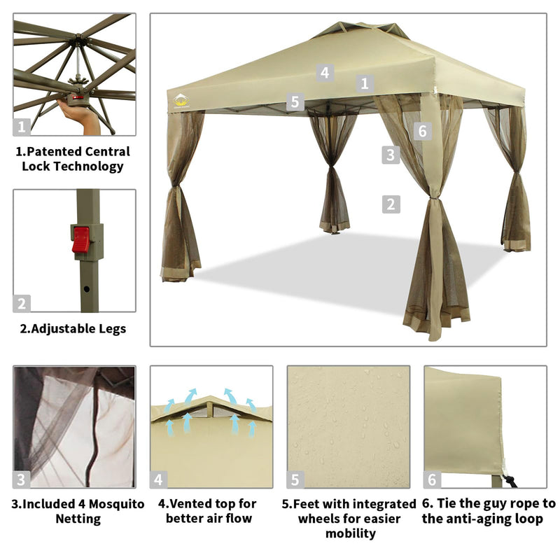 CROWN SHADES 10x10Ft Pop Up Gazebo Shelter w/Mosquito Net Sidewalls, Beige(Used)