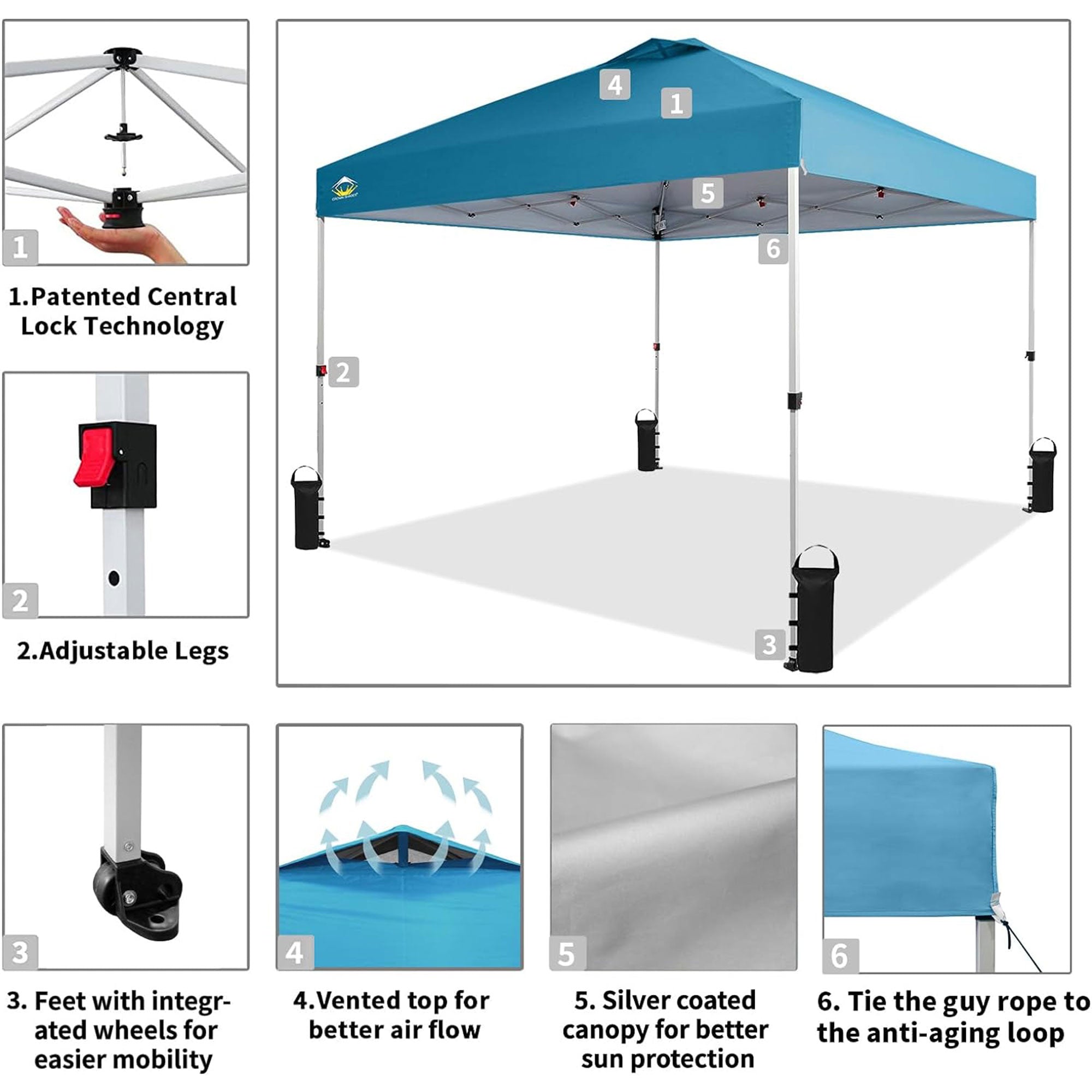 CROWN SHADES 10x10 Ft Pop Up Outdoor Canopy Tent, 1 Push Center Lock, Cyan Blue