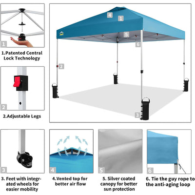 CROWN SHADES 10x10 Ft Pop Up Outdoor Canopy Tent, 1 Push Center Lock, Cyan Blue