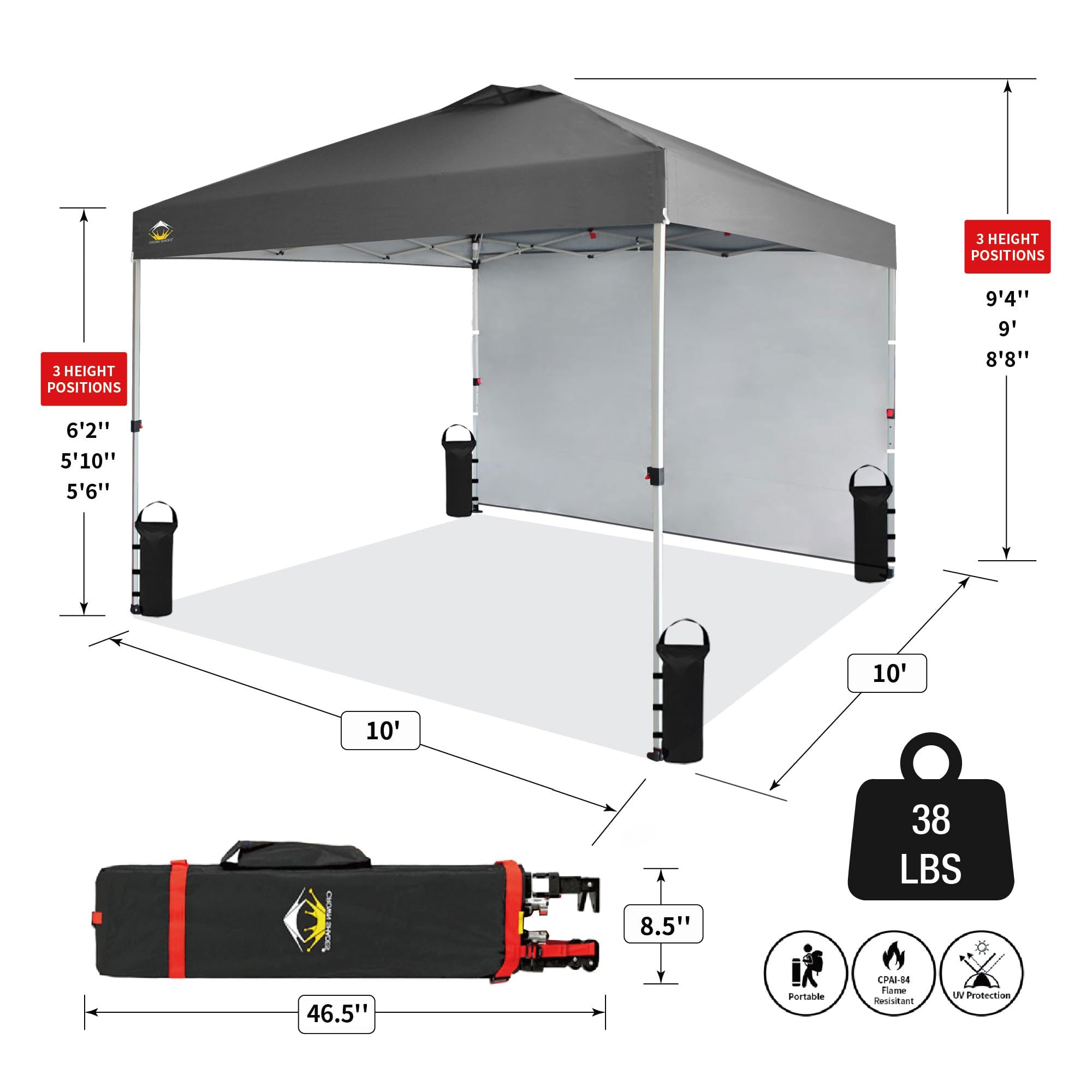 CROWN SHADES 10x10 Ft Pop Up Canopy Tent w/Sidewall & Push Lock, Grey (Used) - VMInnovations