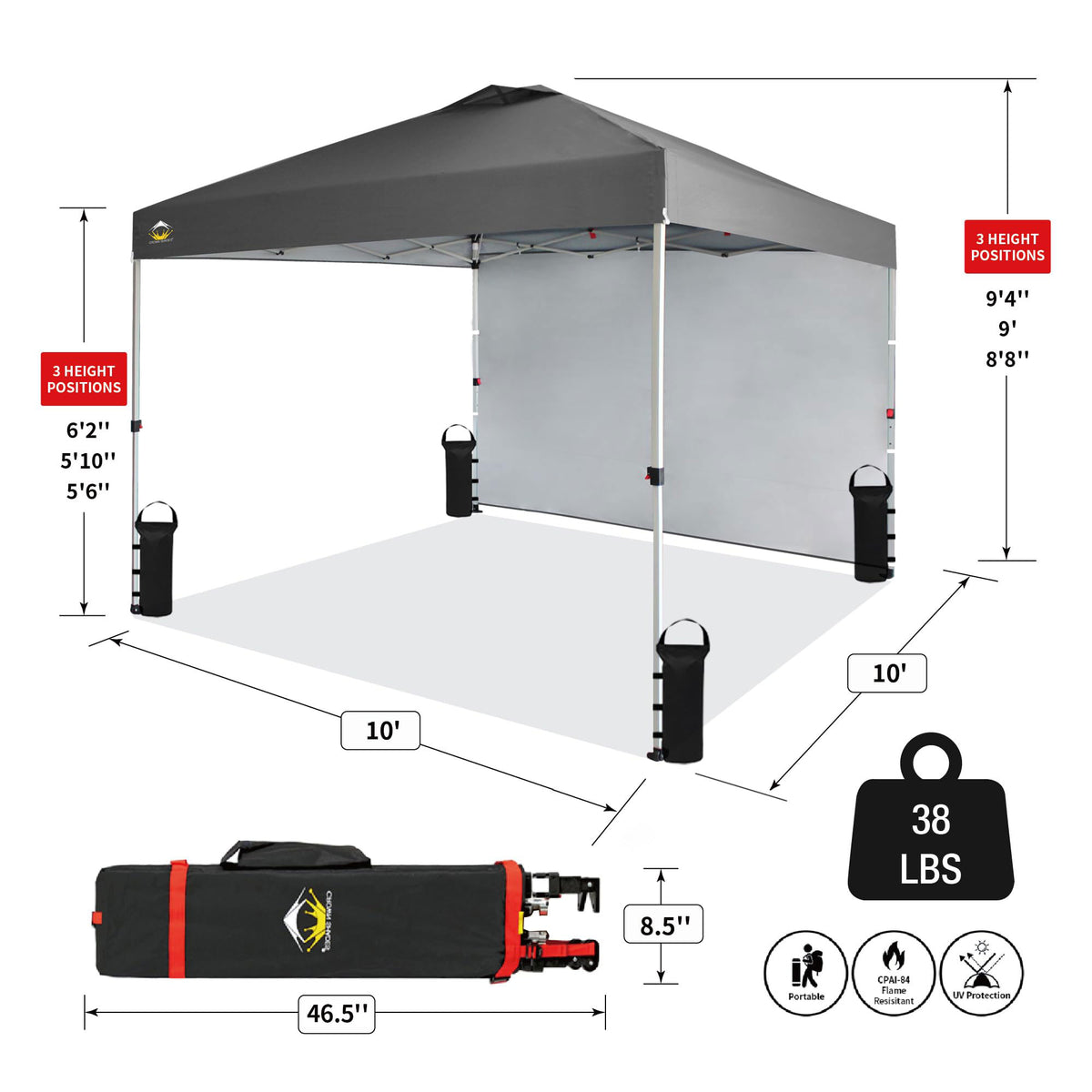CROWN SHADES 10x10 Ft Pop Up Canopy Tent w/ Sidewall & Push Center Lock, Grey