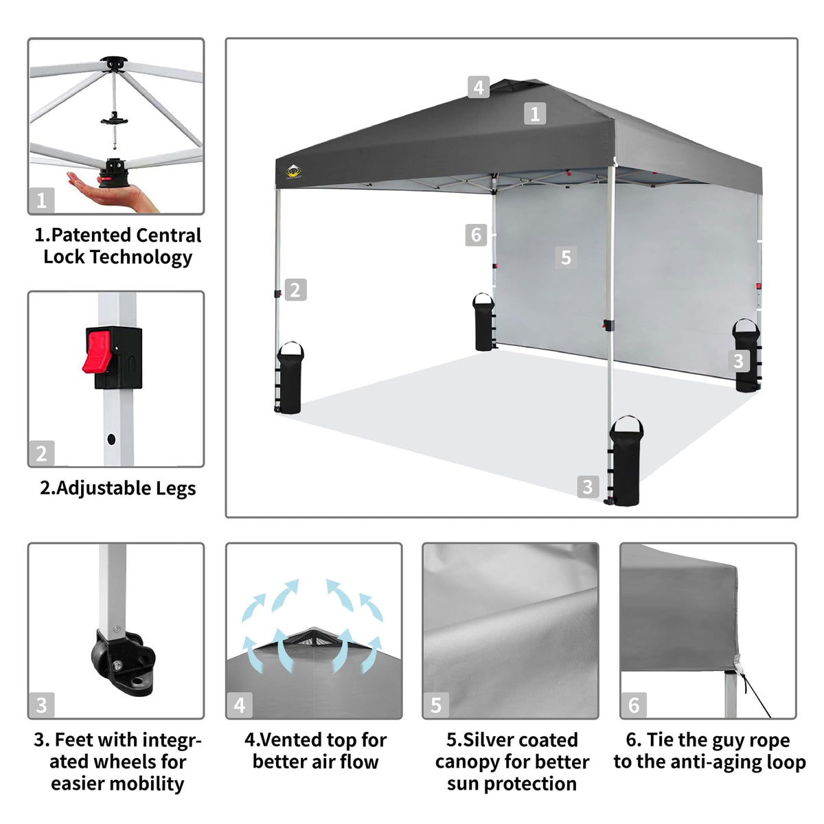 CROWN SHADES 10x10 Ft Pop Up Canopy Tent w/ Sidewall & Push Center Lock, Grey