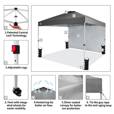 CROWN SHADES 10x10 Ft Pop Up Canopy Tent w/ Sidewall & Push Center Lock, Grey