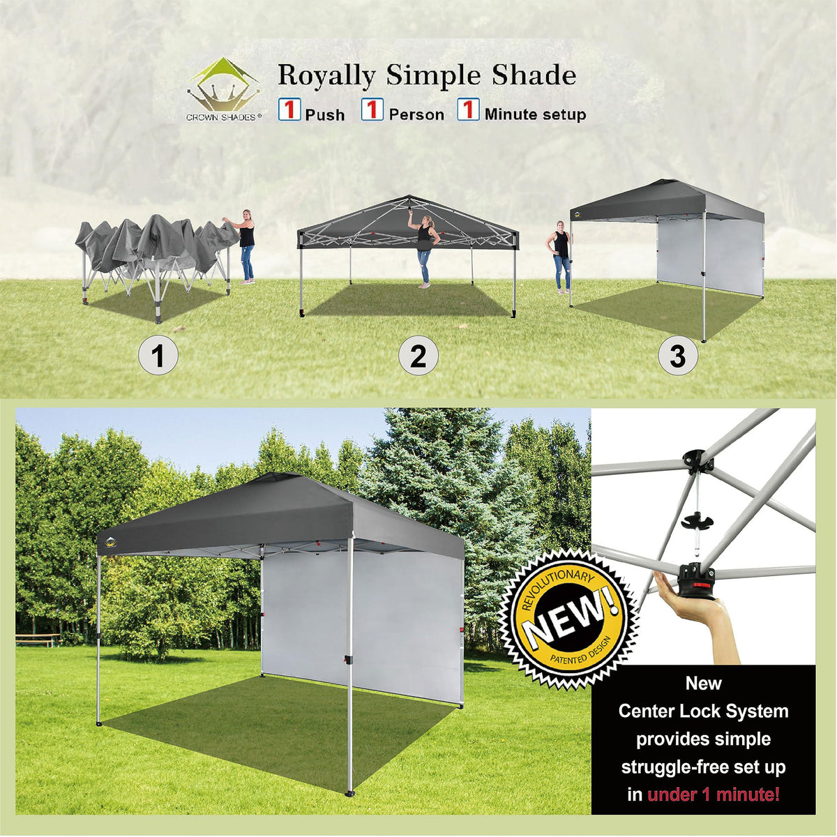 CROWN SHADES 10x10 Ft Pop Up Canopy Tent w/ Sidewall & Push Center Lock, Grey