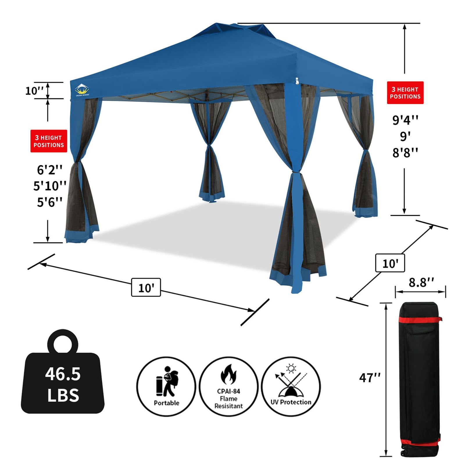 CROWN SHADES 10 x 10 Ft Pop Up Gazebo w/ Mosquito Net Sidewalls, Blue (Used) - VMInnovations