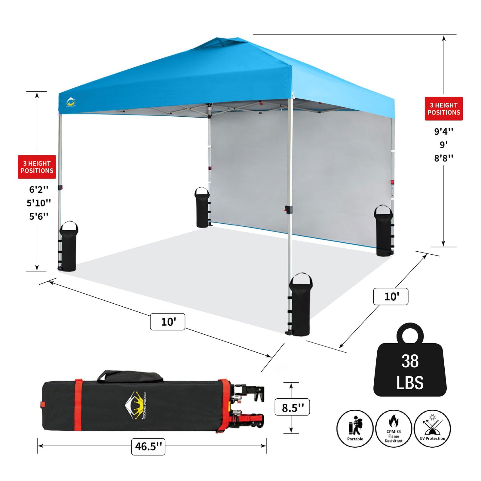 CROWN SHADES 10'x10' Canopy with 1 Sidewall, Sky Blue (Used) - VMInnovations