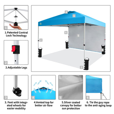 CROWN SHADES 10x10 Ft Pop Up Canopy Tent w/Sidewall & Push Center Lock, Sky Blue