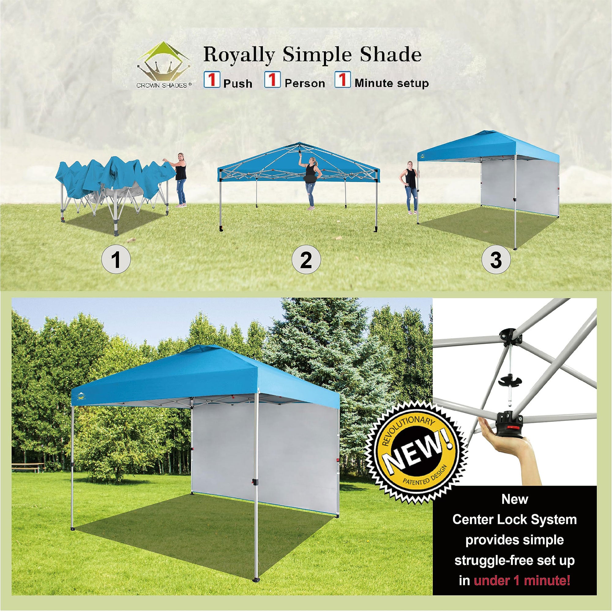 CROWN SHADES 10x10 Ft Pop Up Canopy Tent w/Sidewall & Push Center Lock, Sky Blue