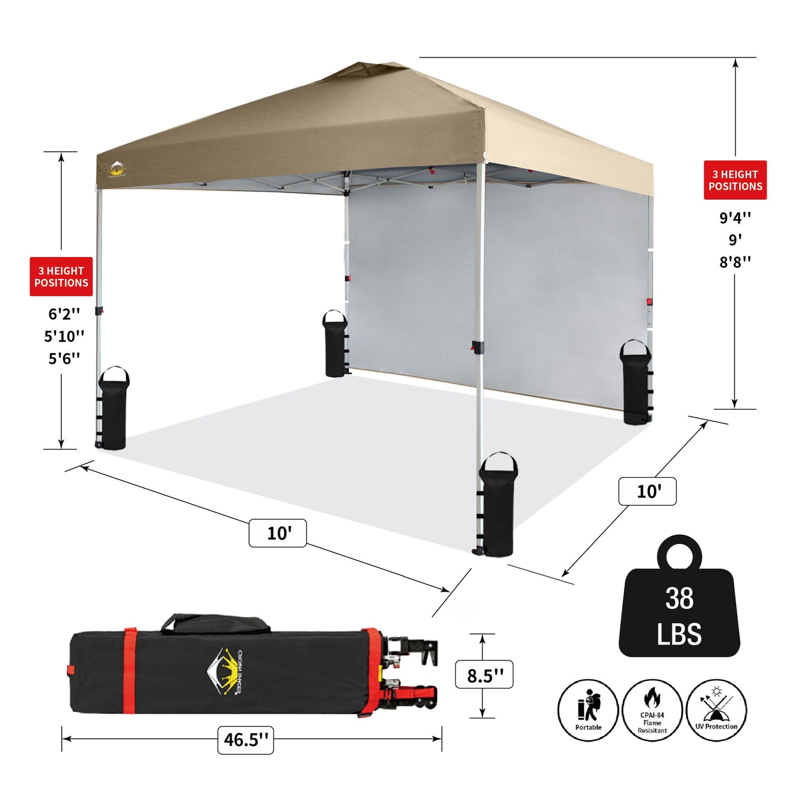 CROWN SHADES 10x10 Ft Pop Up Canopy Tent w/ Sidewall & Push Lock, Beige (Used) - VMInnovations