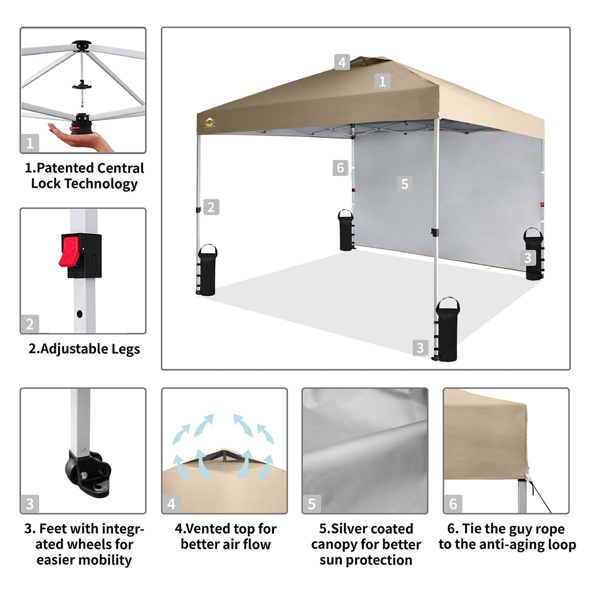 CROWN SHADES 10x10 Ft Pop Up Canopy Tent w/ Sidewall & Push Center Lock, Beige