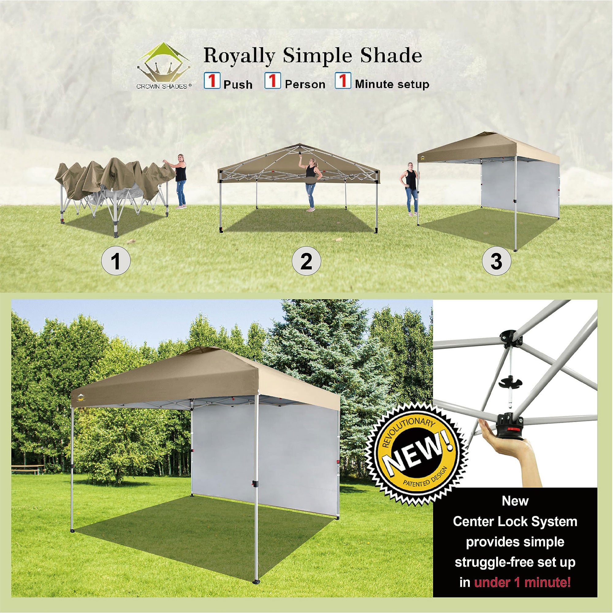 CROWN SHADES 10x10 Ft Pop Up Canopy Tent w/ Sidewall & Push Center Lock, Beige