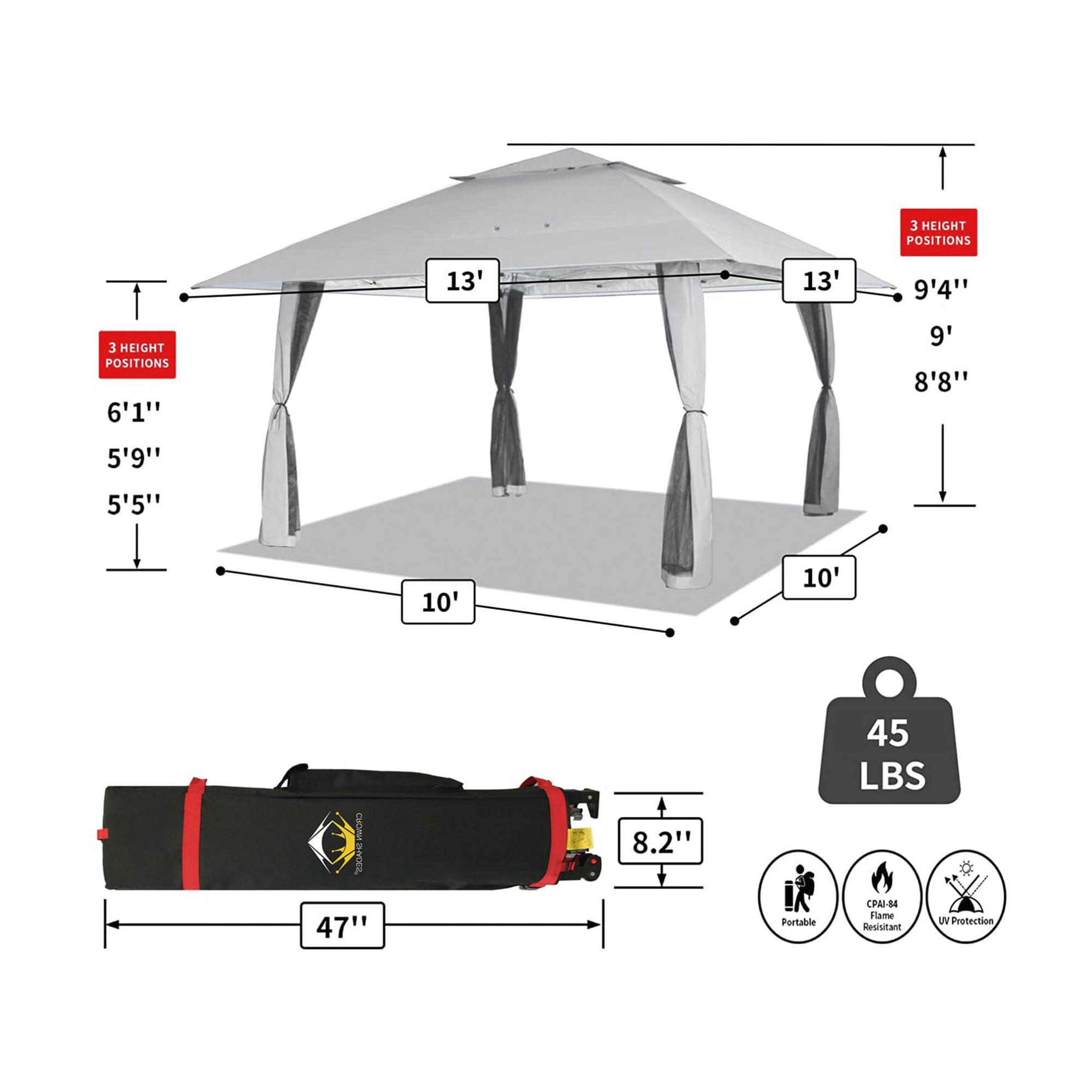 CROWN SHADES 13 x 13 Ft Pop Up Gazebo Shelter w/4 Mosquito Net Sidewalls, Grey