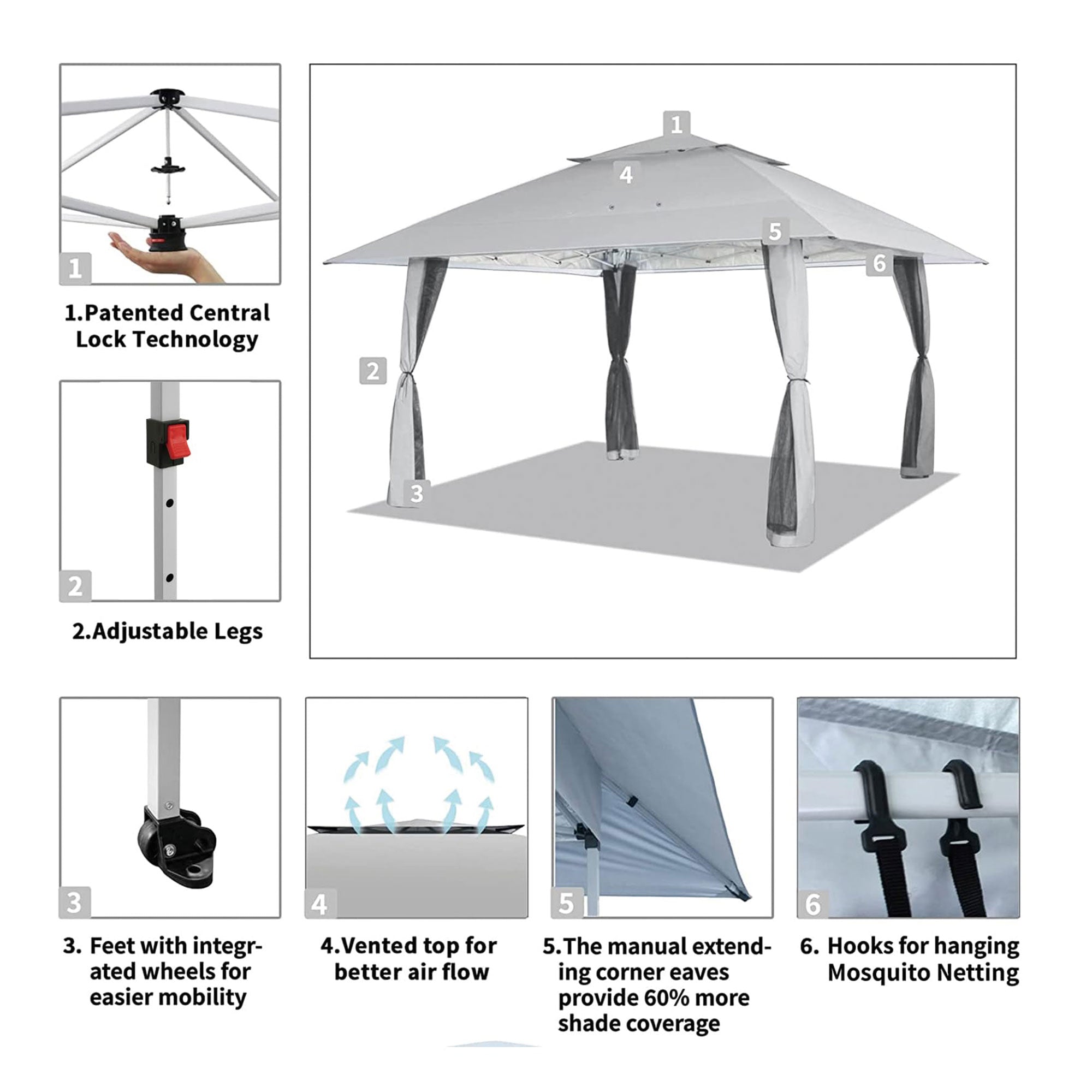 CROWN SHADES 13 x 13 Ft Pop Up Gazebo Shelter w/4 Mosquito Net Sidewalls, Grey