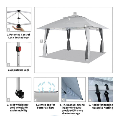 CROWN SHADES 13 x 13 Ft Pop Up Gazebo Shelter w/4 Mosquito Net Sidewalls, Grey