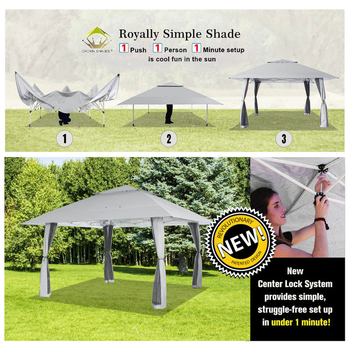 CROWN SHADES 13 x 13 Ft Gazebo Shelter w/4 Mosquito Net Sidewalls, Grey (Used)