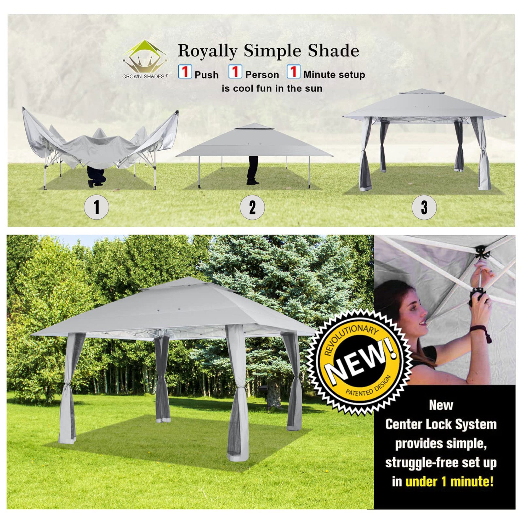 CROWN SHADES 13 x 13 Ft Pop Up Gazebo Shelter w/4 Mosquito Net Sidewalls, Grey