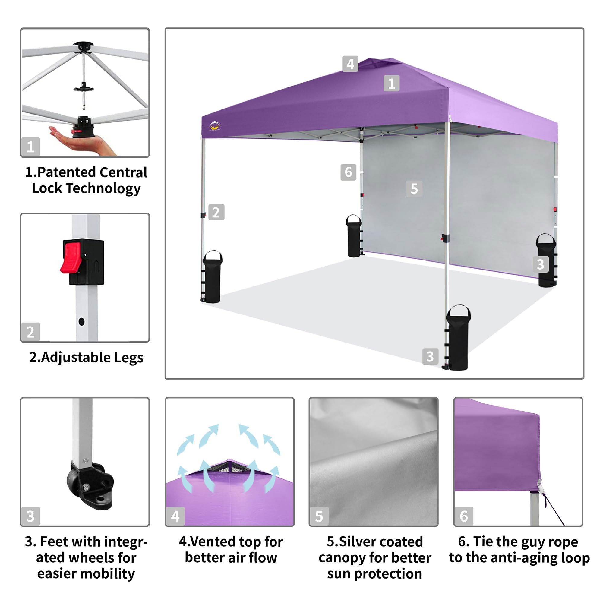 CROWN SHADES 10x10 Ft Pop Up Canopy Tent w/ Sidewall & Push Center Lock, Purple - VMInnovations