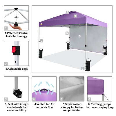 CROWN SHADES 10x10 Ft Pop Up Canopy Tent w/ Sidewall & Push Center Lock, Purple - VMInnovations