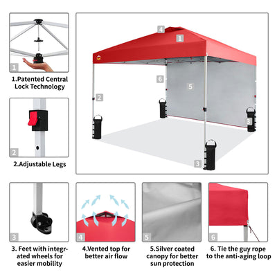 CROWN SHADES 10x10 Ft Pop Up Canopy Tent w/ Sidewall & Push Center Lock, Red