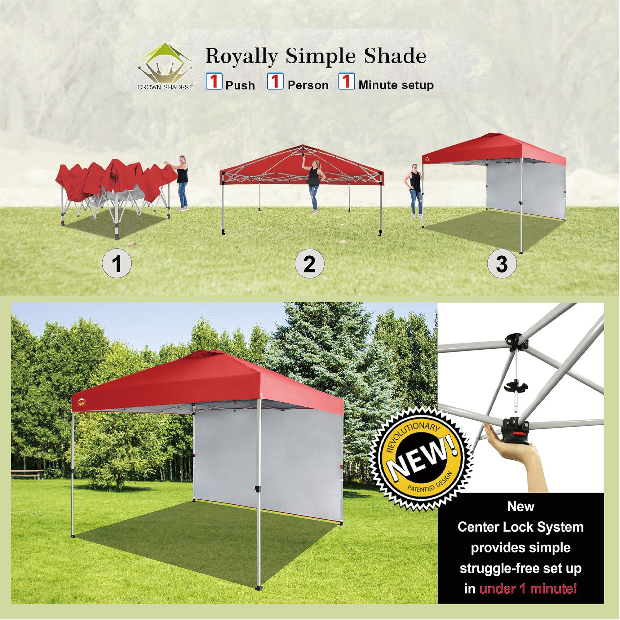 CROWN SHADES 10x10 Ft Pop Up Canopy Tent w/ Sidewall & Push Center Lock, Red