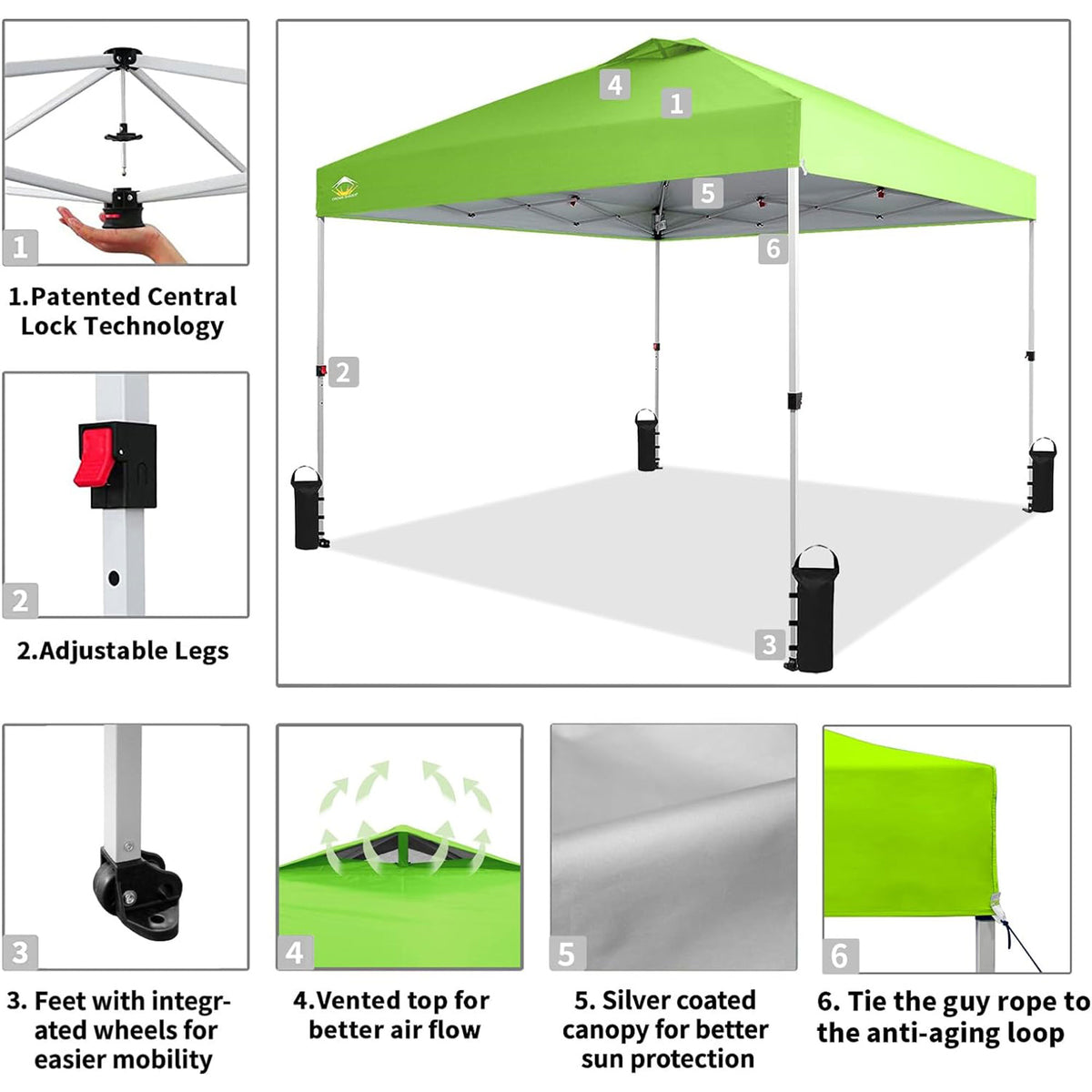 CROWN SHADES 10x10 Ft Pop Up Outdoor Canopy Tent with 1 Push Center Lock, Green