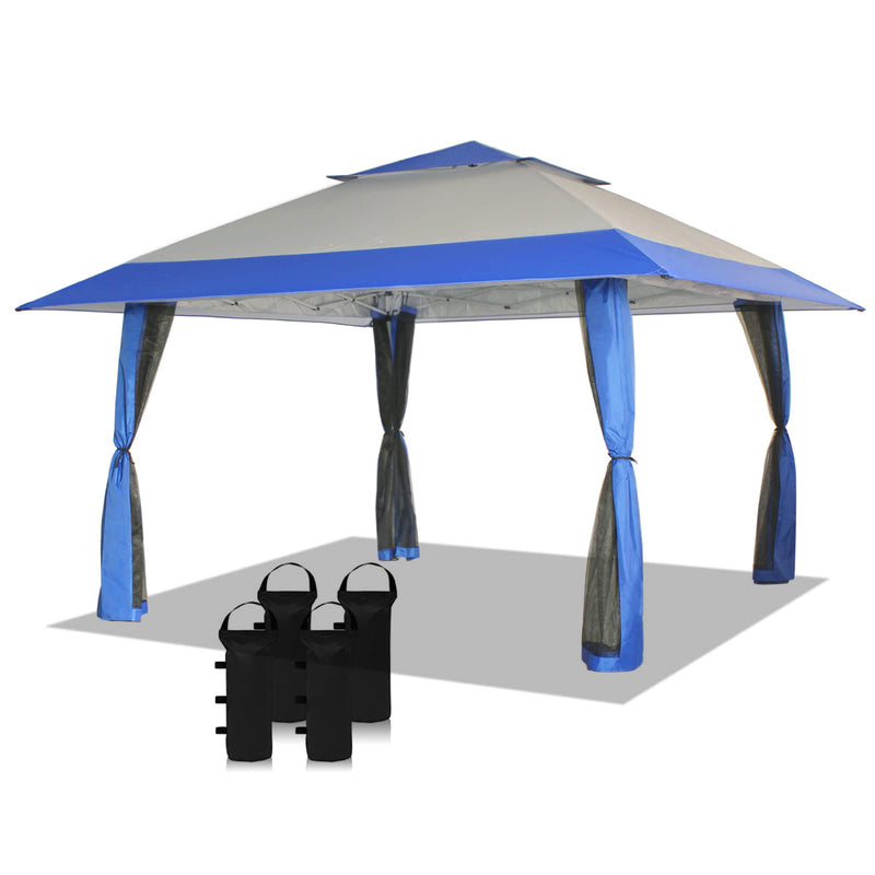 CROWN SHADES 13 x 13 Ft Pop Up Gazebo Shelter w/4 Net Sidewalls, Blue/Grey(Used)