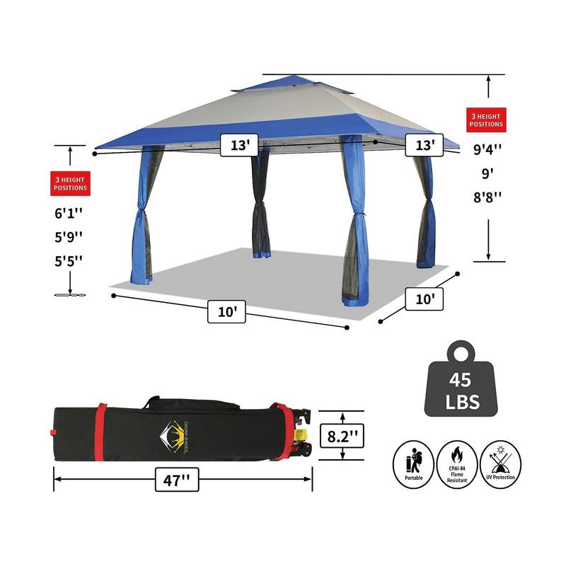 CROWN SHADES 13 x 13 Ft Pop Up Gazebo Shelter w/4 Net Sidewalls, Blue/Grey(Used)