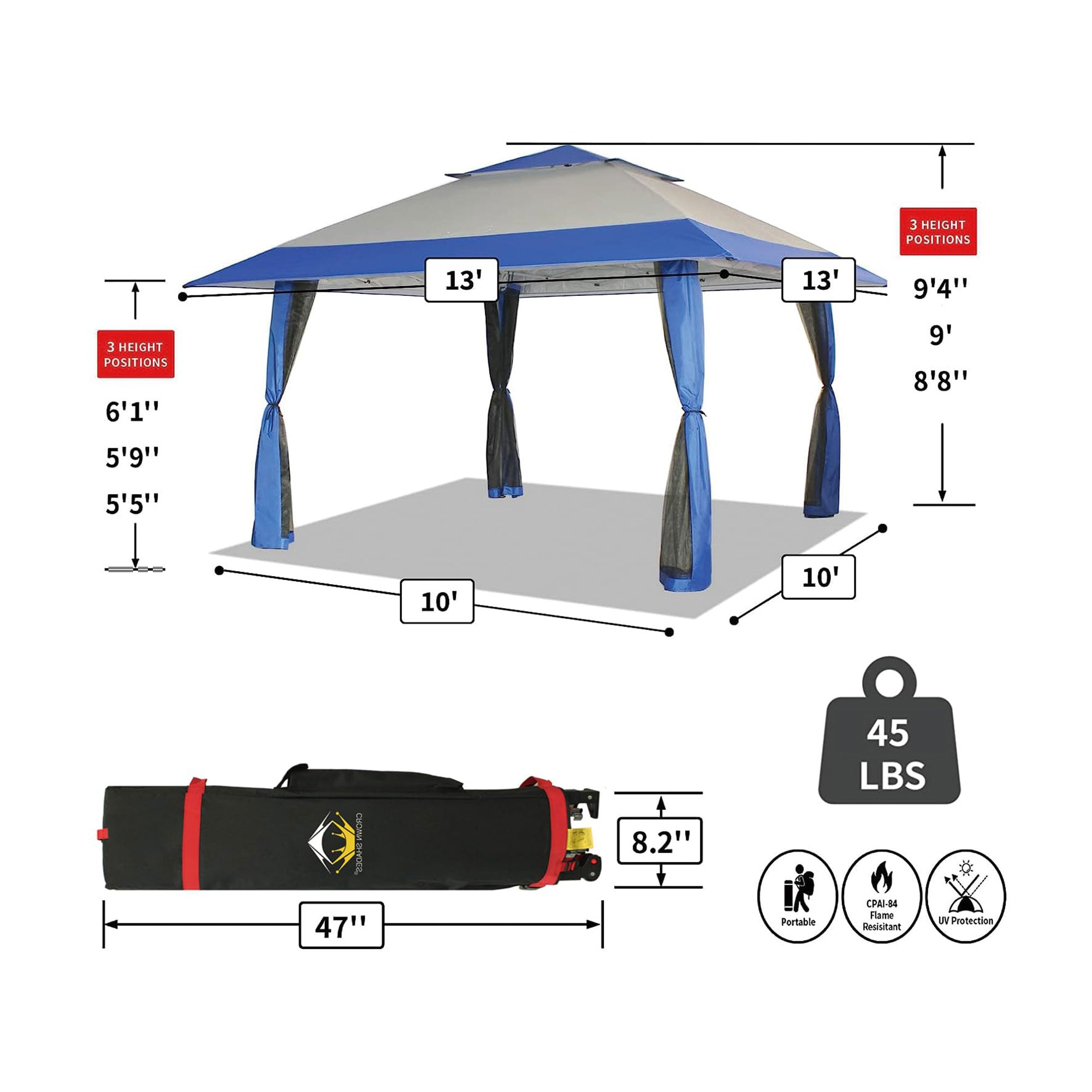 CROWN SHADES 13 x 13 Ft Pop Up Gazebo Shelter with 4 Net Sidewalls, Blue/Grey