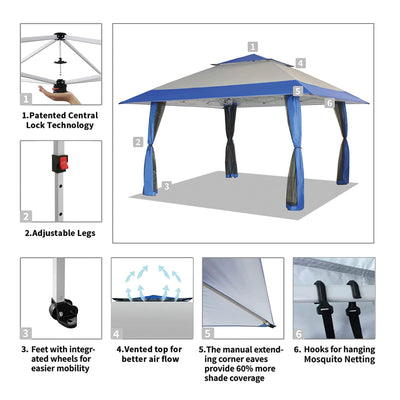 CROWN SHADES 13 x 13 Ft Pop Up Gazebo Shelter w/4 Net Sidewalls, Blue/Grey(Used)