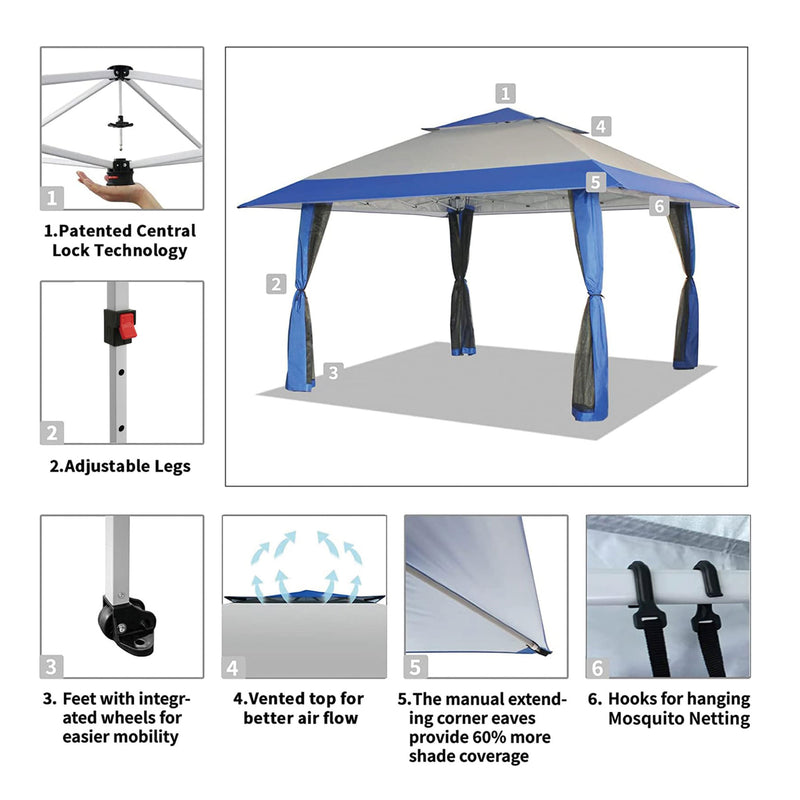 CROWN SHADES 13 x 13 Ft Pop Up Gazebo Shelter w/4 Net Sidewalls, Blue/Grey(Used)