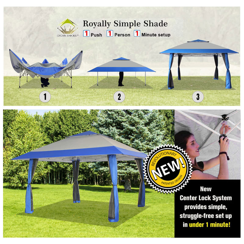 CROWN SHADES 13 x 13 Ft Pop Up Gazebo Shelter w/4 Net Sidewalls, Blue/Grey(Used)