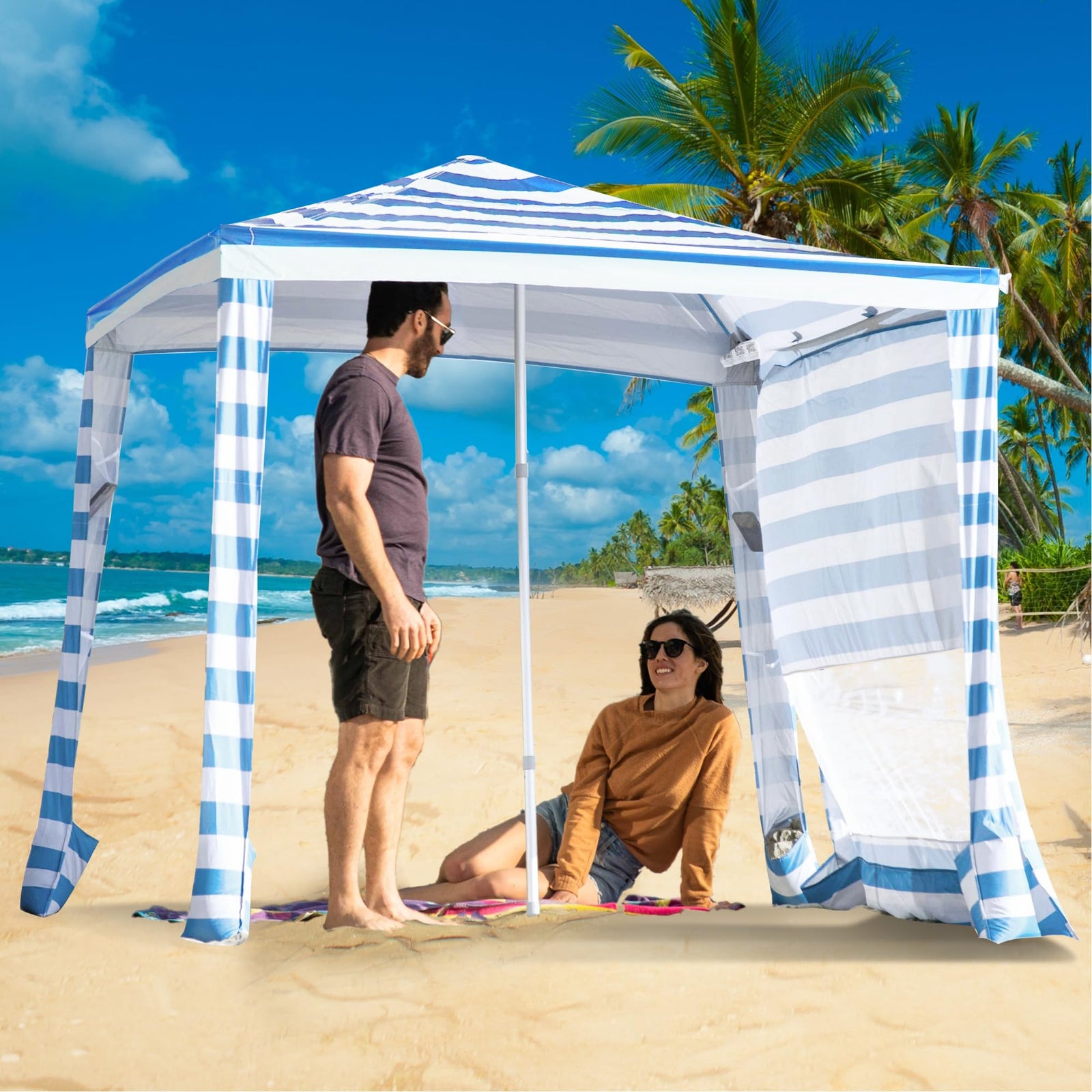 CROWN SHADES 6.5 x 6.5 Ft Pop-Up Cabana w/Pockets & Sidewall, Sky Blue (Used) - VMInnovations